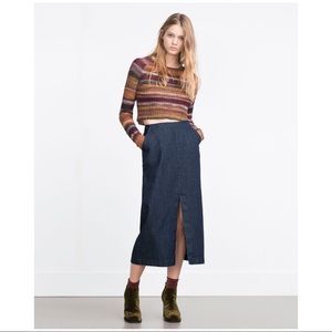 NWT ZARA SLIT FRONT DENIM MIDI TUBE SKIRT SZ M